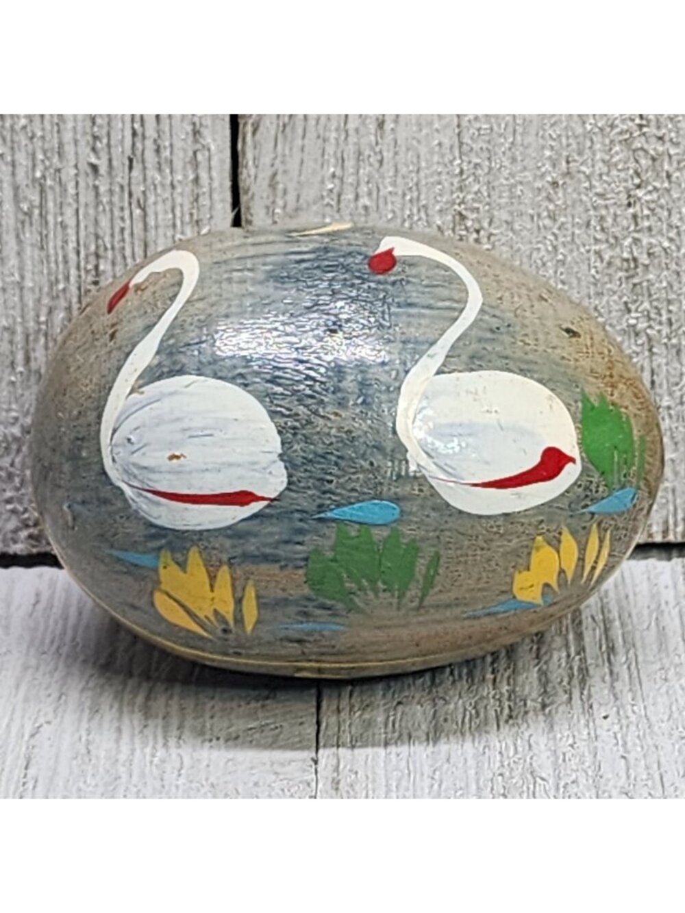 Painted Swan Wooden Egg Shaped Paperweight Home Art Decorative Collectible Vtg